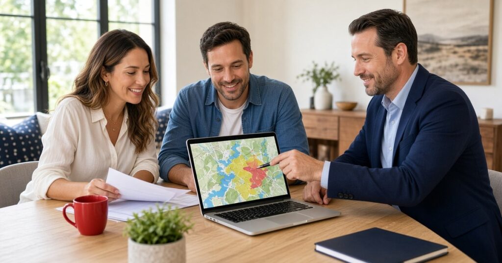 A smiling Texas couple reviews home purchase papers with a mortgage professional who points to a flood zone map on a laptop at a bright dining table