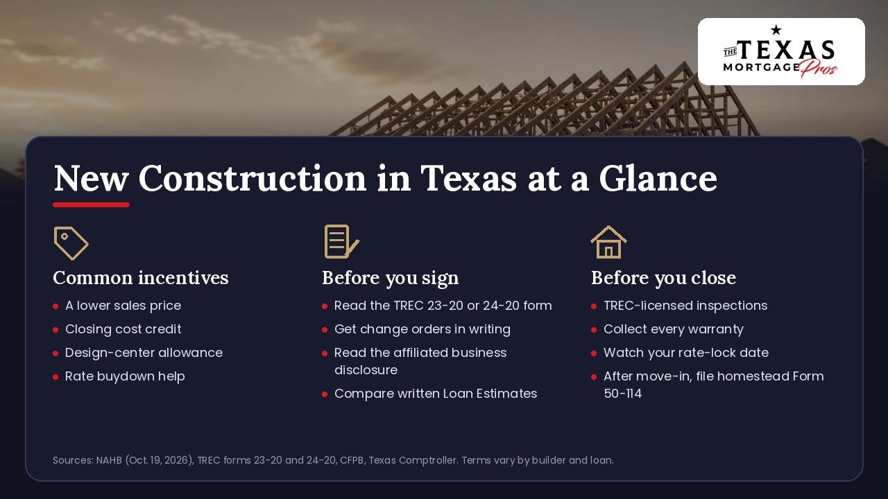Buying a new construction home in Texas at a glance: common builder incentives include a lower sales price, a closing cost credit, a design-center allowance and rate buydown help; before you sign, read the TREC 23-20 or 24-20 contract form, get change orders in writing, read the affiliated business disclosure and compare written Loan Estimates; before you close, schedule TREC-licensed inspections, collect every warranty, watch your rate-lock date and, after move-in, file homestead exemption Form 50-114