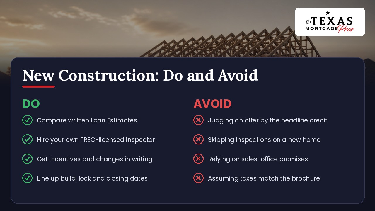 Do and avoid checklist for buying a new construction home in Texas: do compare written Loan Estimates, hire your own TREC-licensed inspector, get incentives and changes in writing and line up build, rate-lock and closing dates; avoid judging an offer by the headline credit, skipping inspections on a new home, relying on sales-office promises and assuming taxes will match the brochure
