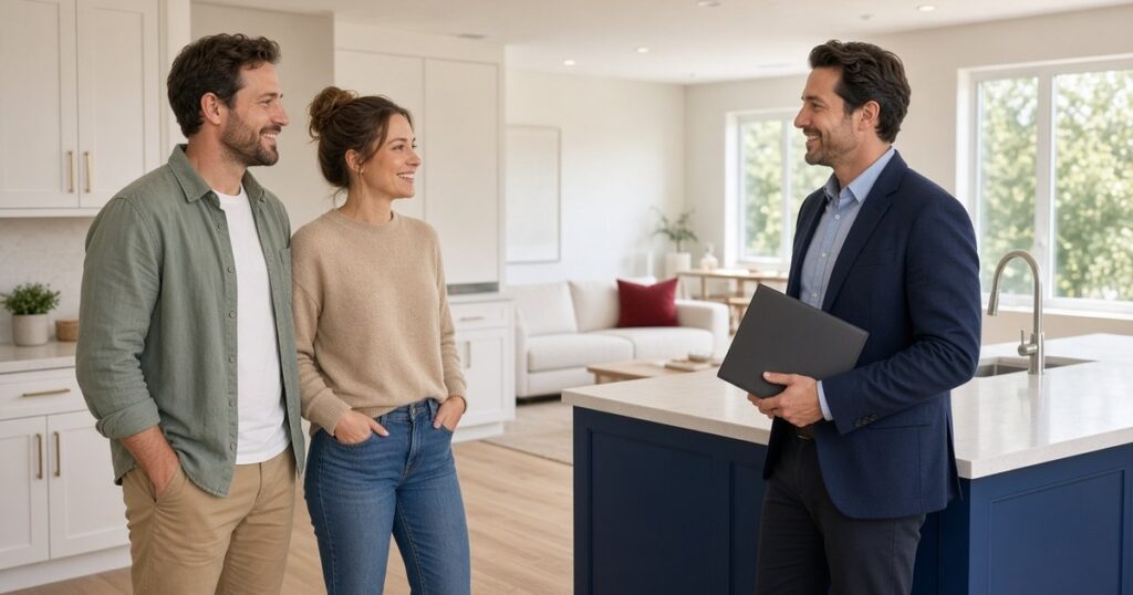 A smiling couple talks with a mortgage professional in a navy blazer in the bright, newly finished kitchen of a new single-story Texas home