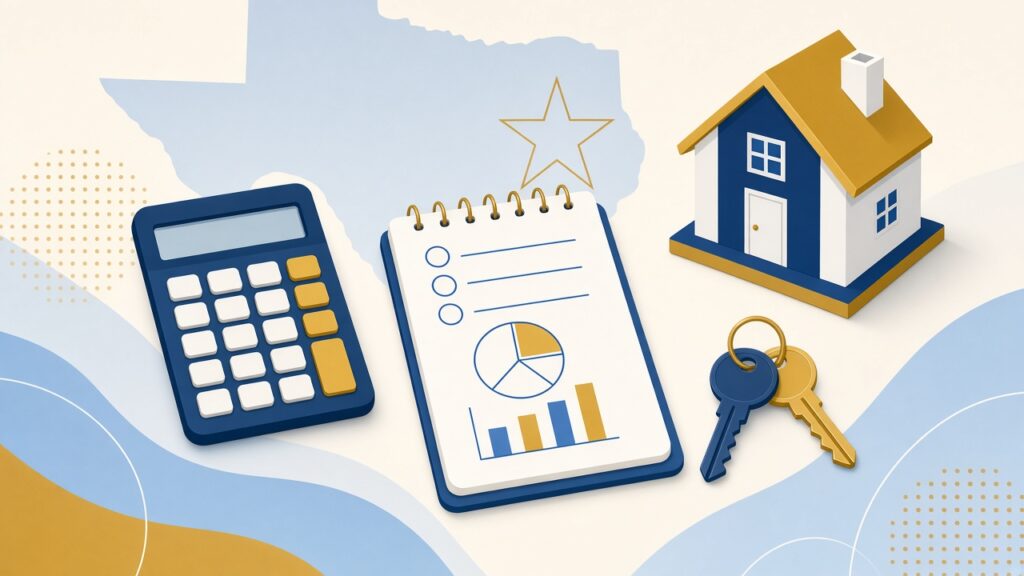 Simple illustration of a house with a calculator and a budget checklist representing how much home a Texas buyer can afford
