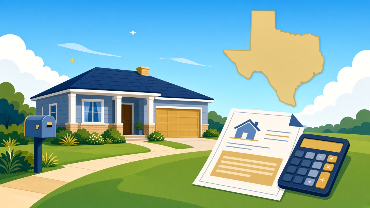 Simple illustration of a Texas home with a property tax bill and a monthly mortgage payment breakdown