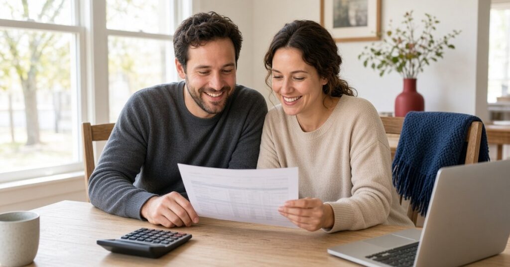 A smiling couple reviews a printed mortgage statement and a calculator together at a dining table in a bright Texas home