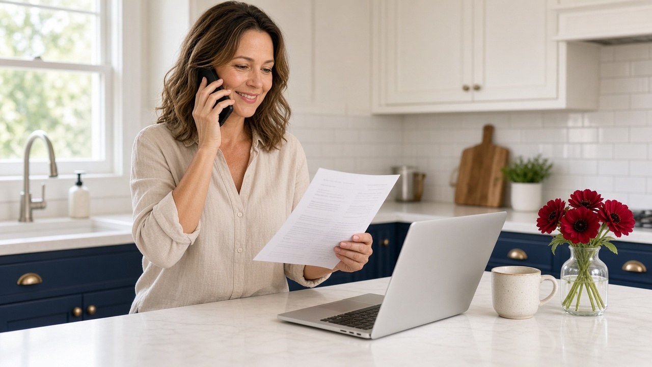 A Texas homeowner makes a phone call while reviewing a printed mortgage statement and a laptop at a bright kitchen counter