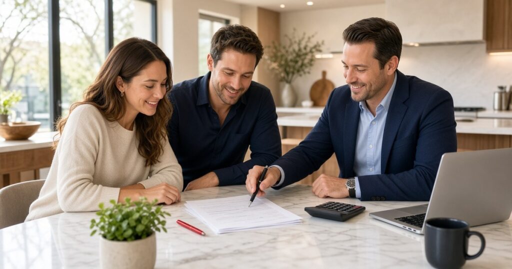Couple reviewing paperwork and a calculator with a loan officer at a bright kitchen table in a Texas home