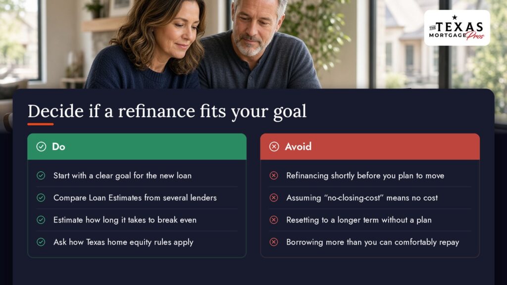 Decide if a refinance fits your goal: Do start with a clear goal for the new loan, compare Loan Estimates from several lenders, estimate how long it takes to break even, and ask how Texas home equity rules apply. Avoid refinancing shortly before you plan to move, assuming no-closing-cost means no cost, resetting to a longer term without a plan, and borrowing more than you can comfortably repay.