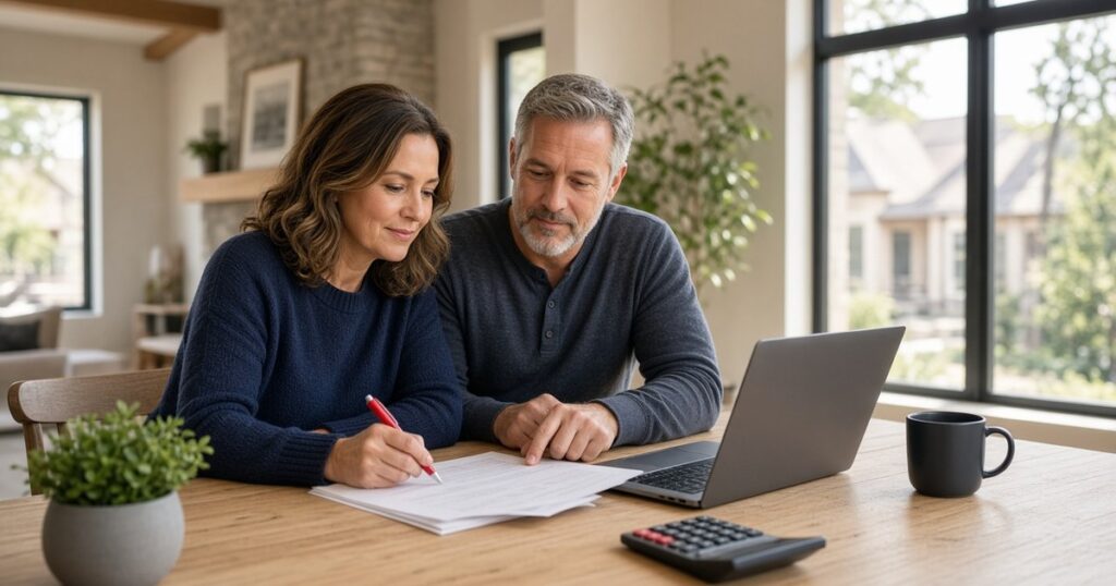 Homeowner couple reviewing refinance paperwork and a laptop at their dining table in a bright Texas home