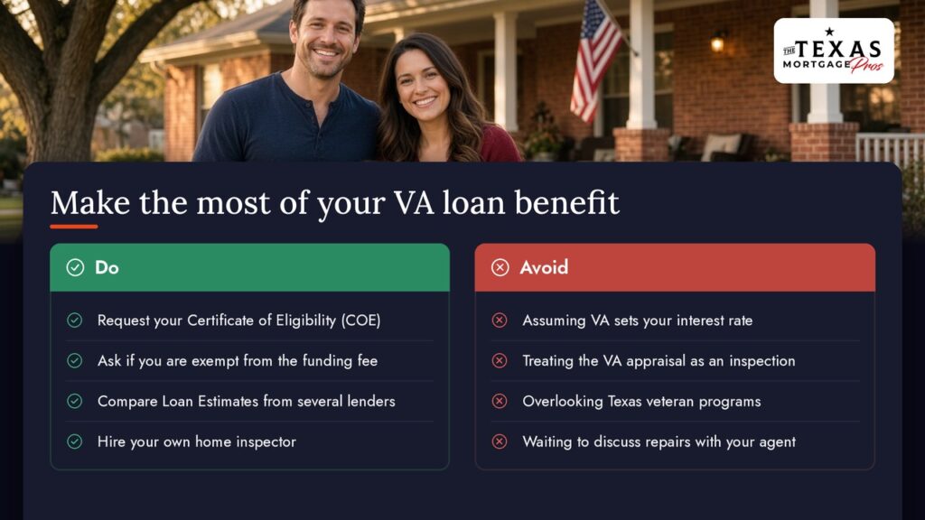 Make the most of your VA loan benefit: Do request your Certificate of Eligibility, ask if you are exempt from the funding fee, compare Loan Estimates from several lenders, and hire your own home inspector. Avoid assuming VA sets your interest rate, treating the VA appraisal as an inspection, overlooking Texas veteran programs, and waiting to discuss repairs with your agent.