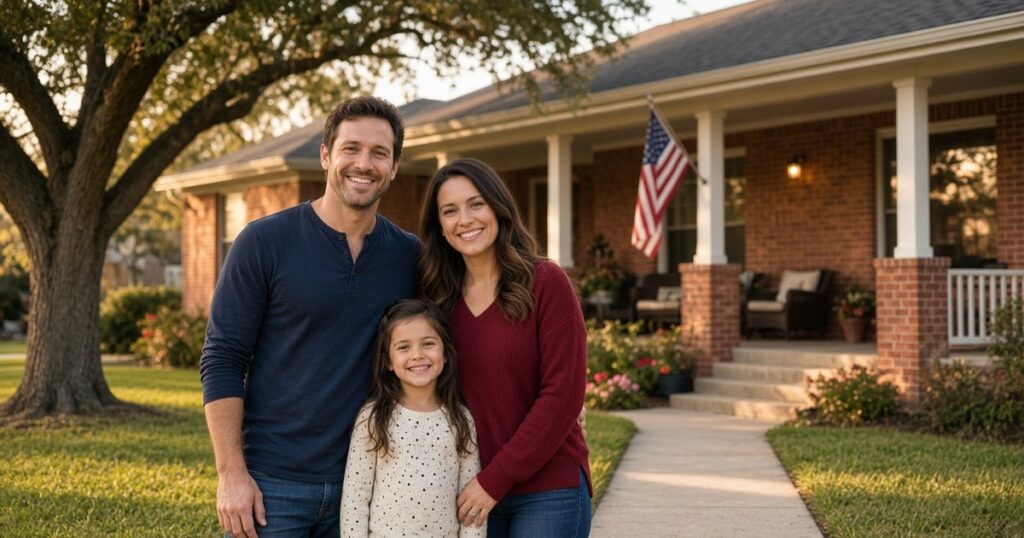 Veteran family smiling outside their brick ranch-style home in Texas with a small American flag on the porch